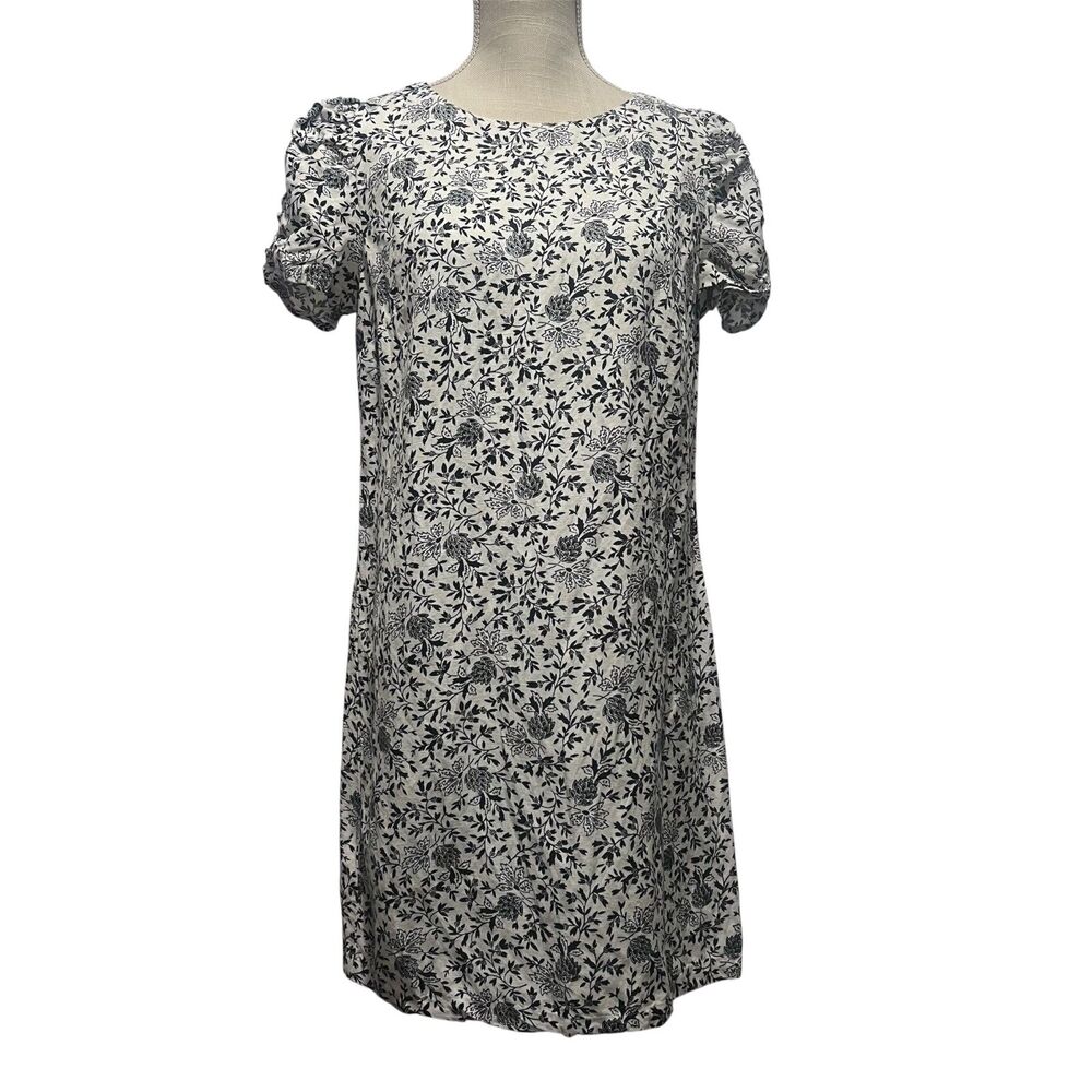 LOFT Petite Black & White Floral Linen Blend Shift Dress Puff Sleeve Size 8P